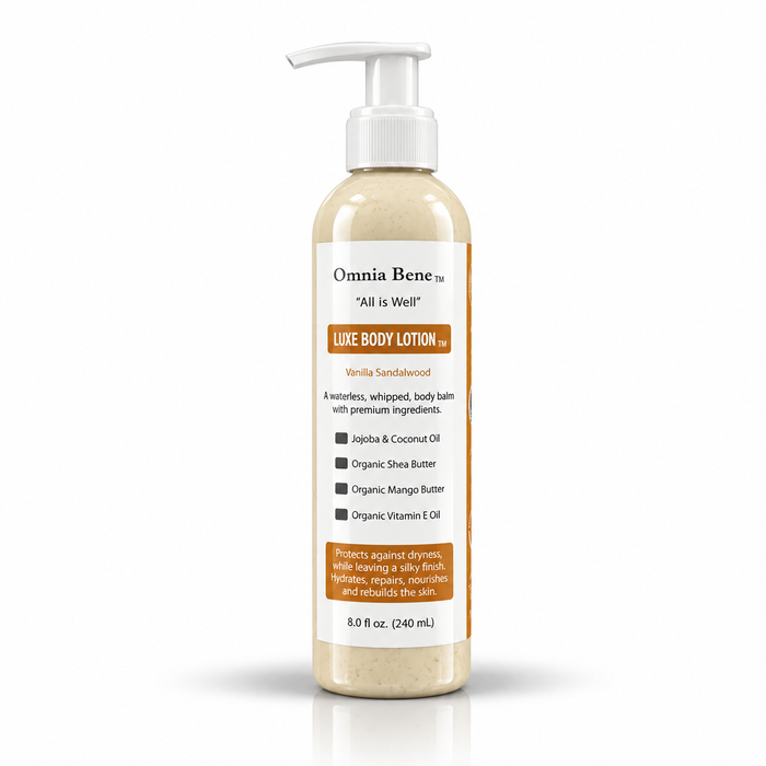 Omnia Bene LUXE Body Lotion with organic shea and mango butters, 8 fl oz pump bottle in Vanilla Sandalwood. Waterless whipped body balm, a deep moisturizer for normal to dry skin. Warm vanilla over soft sandalwood. Use it alone, or over a body oil on the driest skin.
