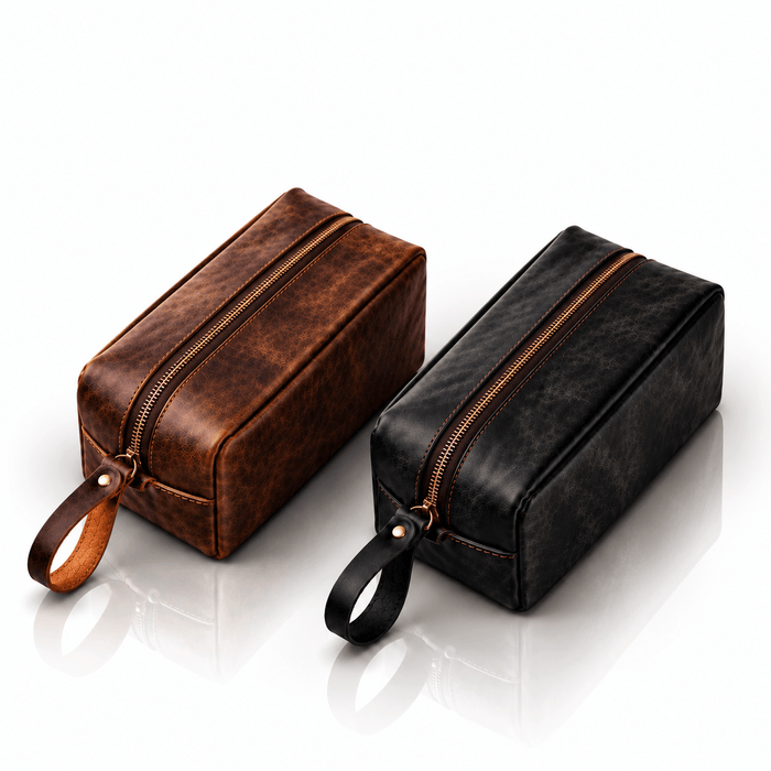 Omnia Bene medium Crazy Horse leather travel case in brown and black, with zip closure and wrist loop.