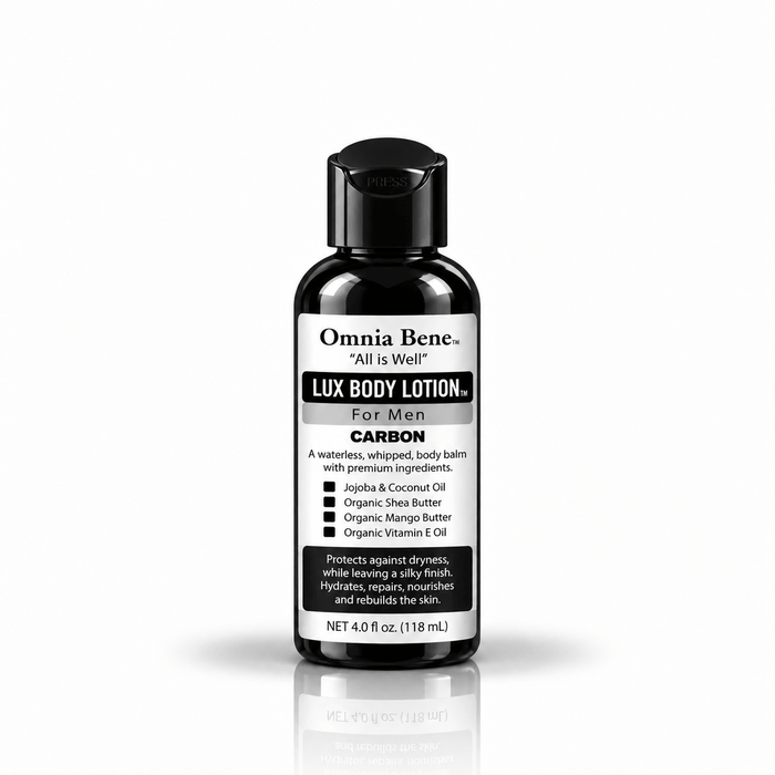 Omnia Bene LUX Body Lotion for Men in Carbon scent, 4 fl oz trial size.