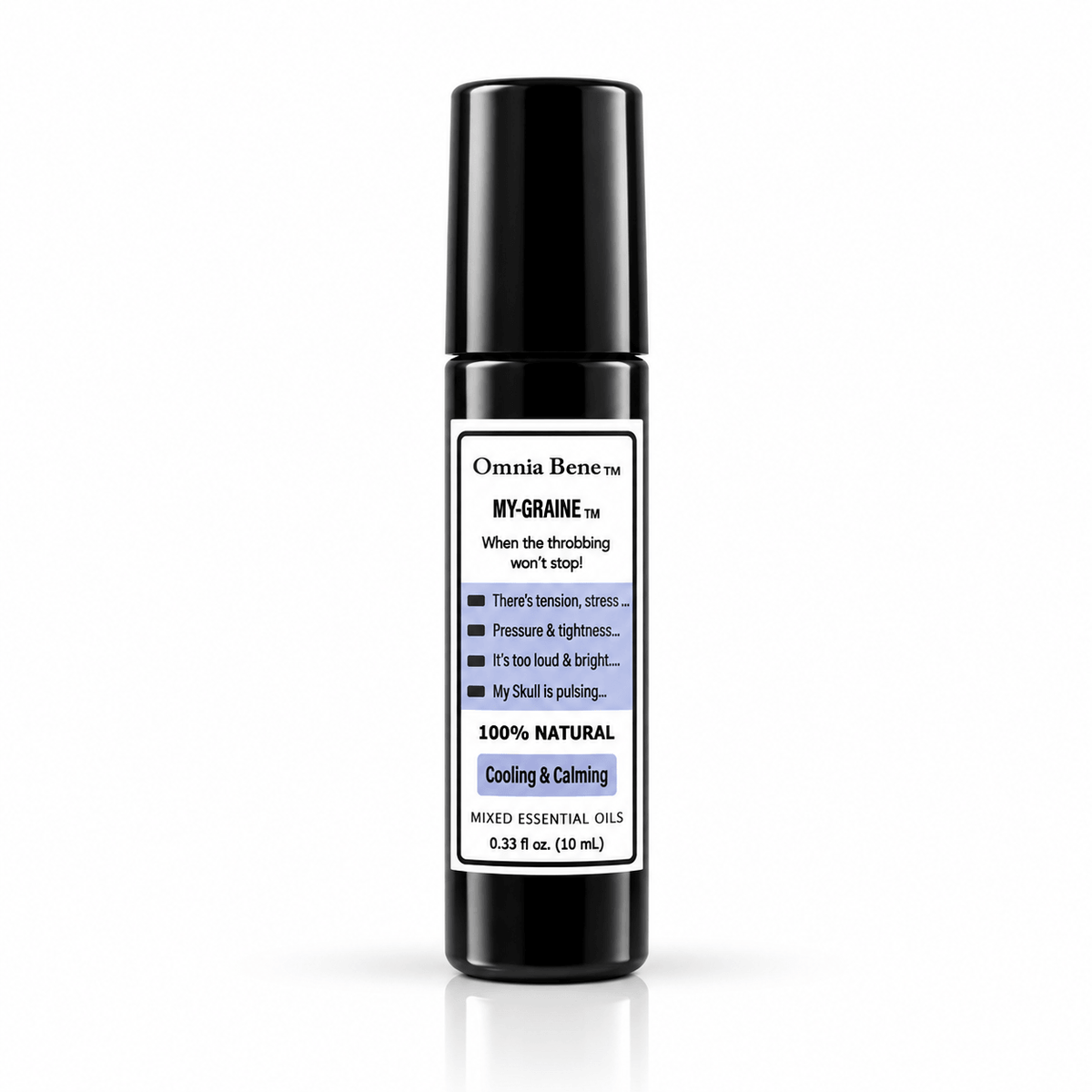 Omnia Bene MY-GRAINE cooling and calming aromatherapy rollerball, a 10 mL black roll-on. Peppermint, eucalyptus, lavender, Roman chamomile, juniper, frankincense and clary sage in a pure essential oil roll-on. For head tension and pressure. Cooling and clarifying - roll onto temples, the back of the neck and across the shoulders.