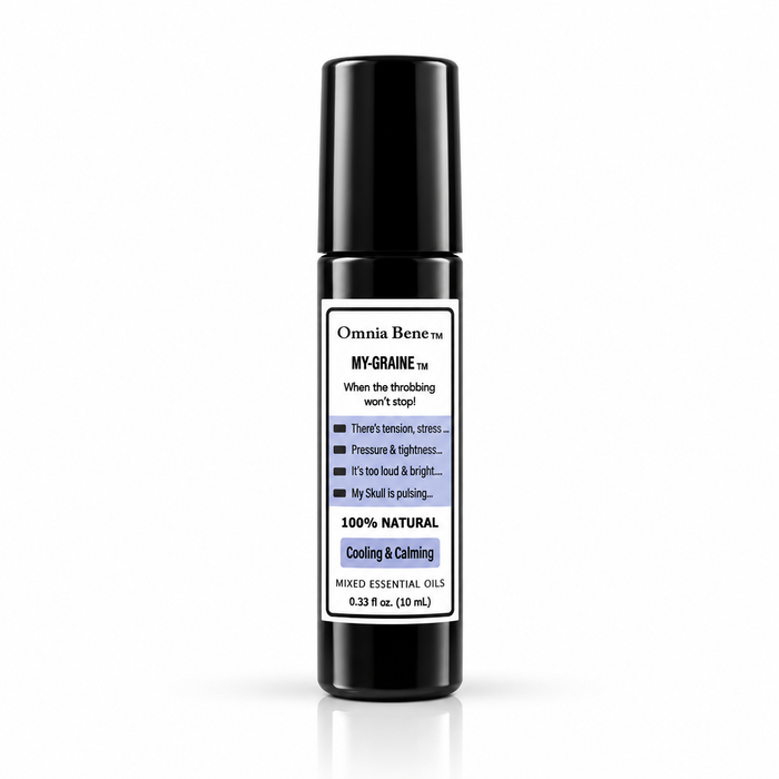 Omnia Bene MY-GRAINE cooling and calming aromatherapy rollerball, a 10 mL black roll-on. Peppermint, eucalyptus, lavender, Roman chamomile, juniper, frankincense and clary sage in a pure essential oil roll-on. For head tension and pressure. Cooling and clarifying - roll onto temples, the back of the neck and across the shoulders.