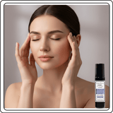 A woman with eyes closed pressing her temples, beside a bottle of Omnia Bene MY-GRAINE rollerball.
