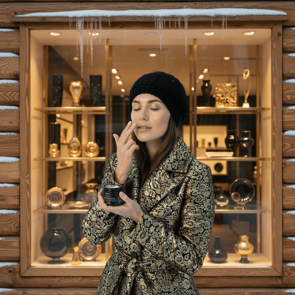 A woman in winter clothing holding a jar of Omnia Bene Puccian Intensive Restorative Hand Treatment outdoors.