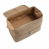 Omnia Bene Puccian Italian leather travel case open to show its spacious lined interior.