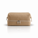 Omnia Bene Puccian Italian leather travel case in tan with a double-zip lower compartment.