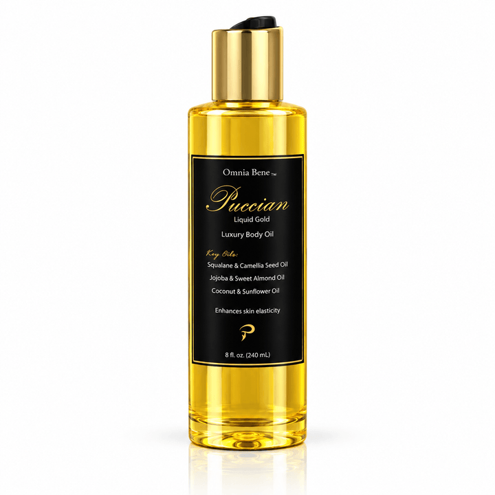 Omnia Bene Puccian Liquid Gold luxury body oil in a gold 8 fl oz bottle with a black and gold label. The Puccian treatment body oil, waterless and rich in organic botanical oils. For very dry, tired skin that needs more than a lotion. Warm a little between the palms and press it in after a shower.