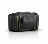 Omnia Bene Puccian Nappa leather travel dopp kit in black with zip pockets and brass hardware.
