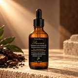 Omnia Bene Puccian Restorative Scalp Treatment Oil on sunlit stone with botanical seeds and peppercorns.