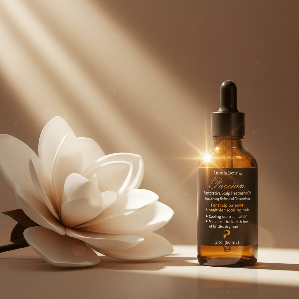 Omnia Bene Puccian Restorative Scalp Treatment Oil beside a white magnolia bloom in warm light.