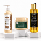 The Omnia Bene Radiance Set: Satin Lotion-Oil, AWAKEN Body Scrub and Puccian Liquid Gold body oil on white plinths. The three-step Radiance Set - AWAKEN Body Scrub to polish, Organic Satin Lotion-Oil to soften and Puccian Liquid Gold Body Oil to finish. Scrub first, then oil, then lotion-oil. Waterless organic butters and botanical oils throughout.