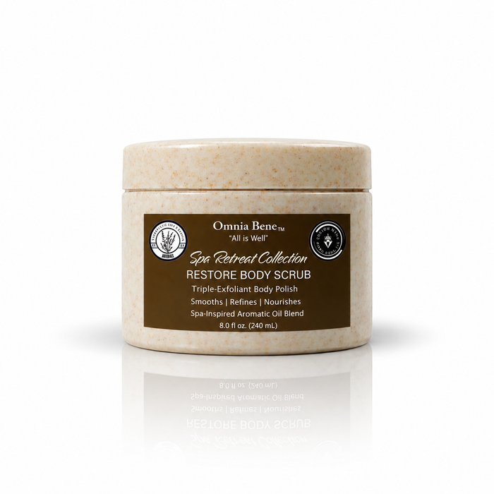 Omnia Bene RESTORE Body Scrub from the Spa Retreat Collection, a closed 8 fl oz jar with a deep brown label.