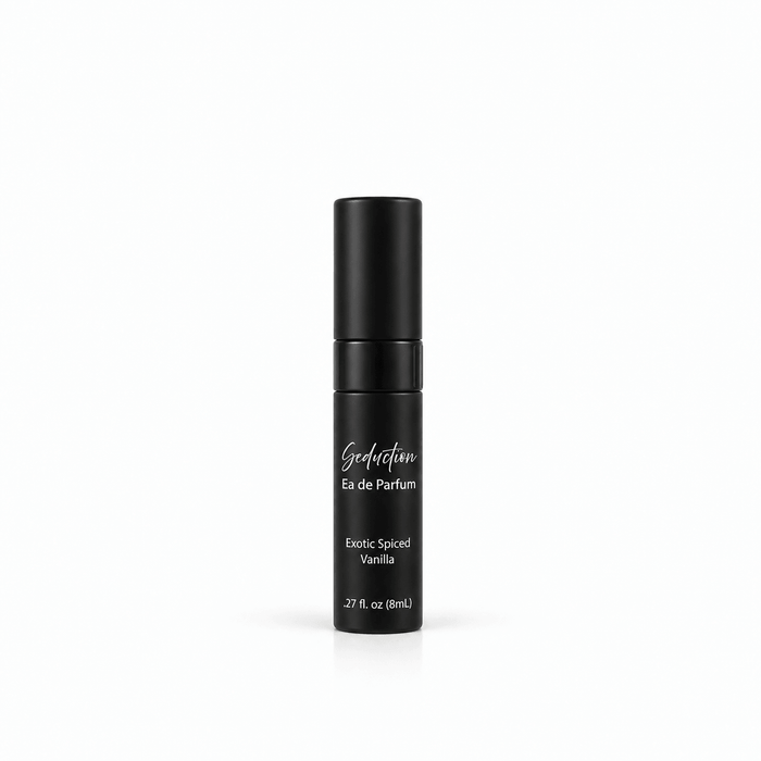 Omnia Bene Seduction eau de parfum, exotic spiced vanilla, in a black 8 mL travel spray. An 8 mL black travel spray. Exotic spiced vanilla, warm and deep, for evening.