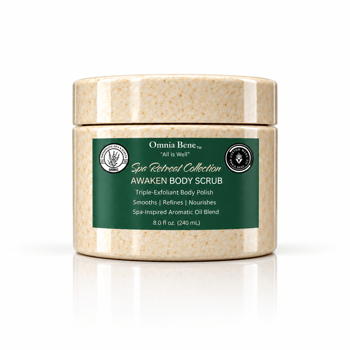 Omnia Bene AWAKEN Body Scrub from the Spa Retreat Collection in an 8 fl oz jar.