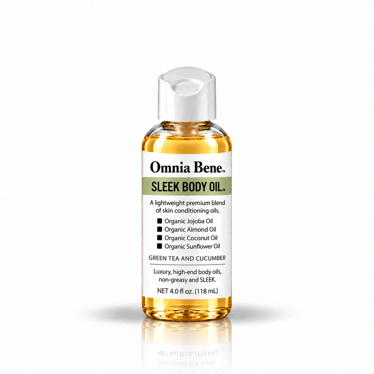 Omnia Bene SLEEK Body Oil in Green Tea and Cucumber, 4 fl oz trial size.