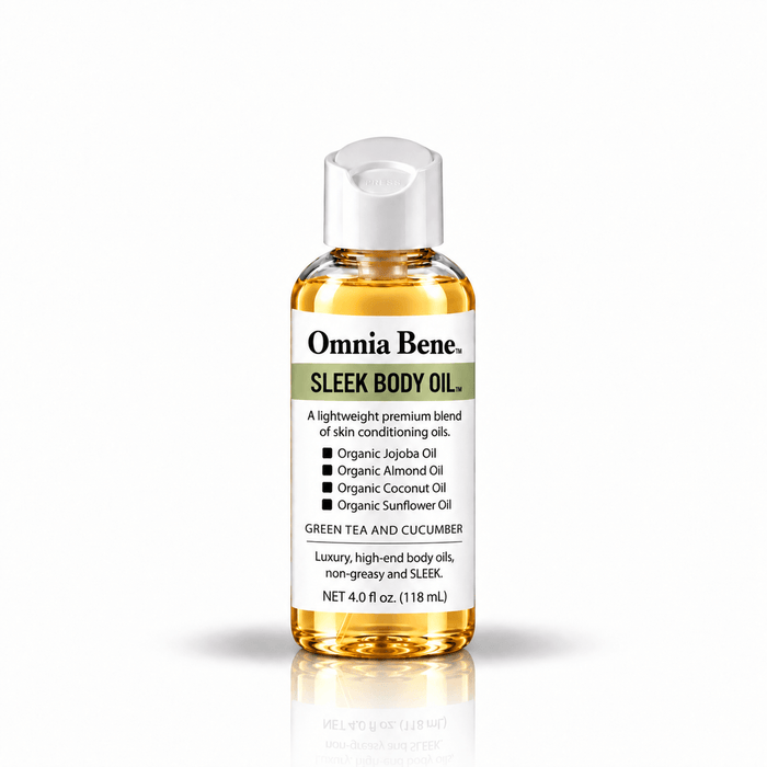 Omnia Bene SLEEK Body Oil in Green Tea and Cucumber, 4 fl oz trial size.