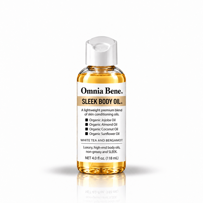 Omnia Bene SLEEK Body Oil in White Tea and Bergamot, 4 fl oz trial size.