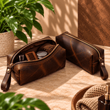 Two Omnia Bene small Crazy Horse leather toiletry cases on a marble vanity, one open with grooming tools.