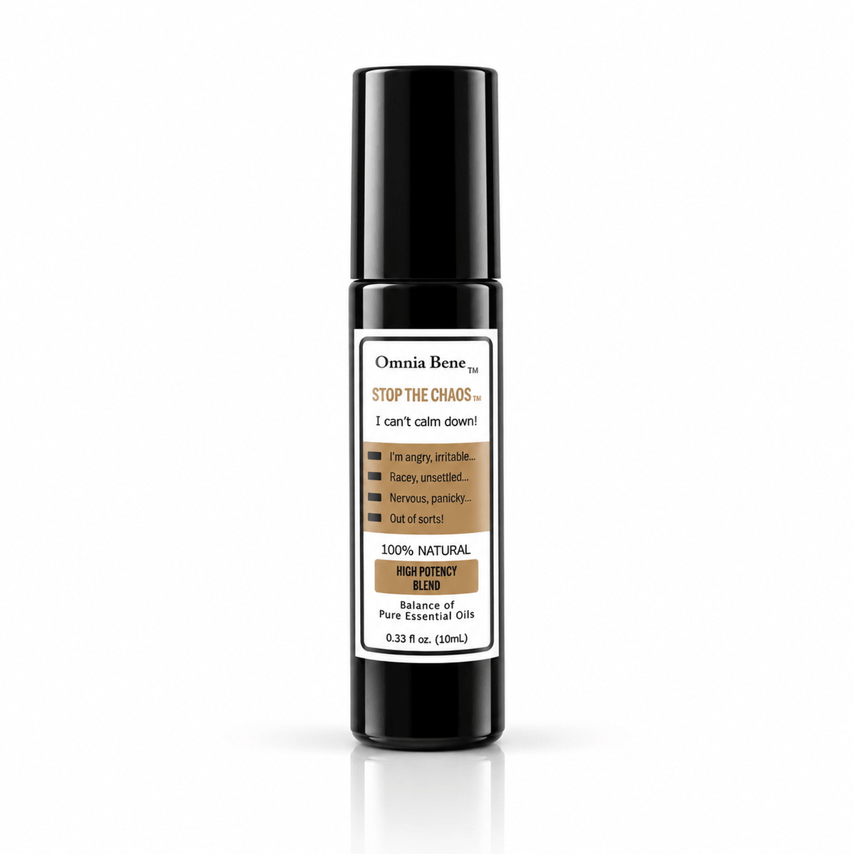 Omnia Bene Stop The Chaos aromatherapy rollerball, a 10 mL black roll-on of pure essential oils. A concentrated blend of pure botanical essential oils, no alcohol and no water. For overwhelming days when thoughts will not settle. Roll onto pulse points, wrists and temples and breathe.