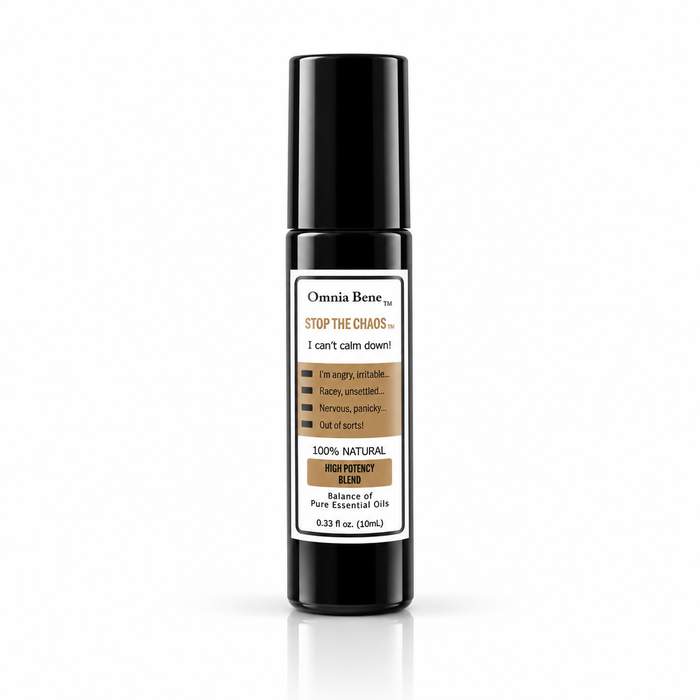 Omnia Bene Stop The Chaos aromatherapy rollerball, a 10 mL black roll-on of pure essential oils. A concentrated blend of pure botanical essential oils, no alcohol and no water. For overwhelming days when thoughts will not settle. Roll onto pulse points, wrists and temples and breathe.