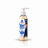 Clear bottle with lotion inside, Omnia Bene Teen Boys Body Lotion Carbon scent 8oz pump bottle on white and blue label on white background. Organic butters and botanical oils. For teen boys and young men. Scent is woodsy, citrusy and leather-like. Deep moisturizer used alone or after Teen boys Caron Body Oil.