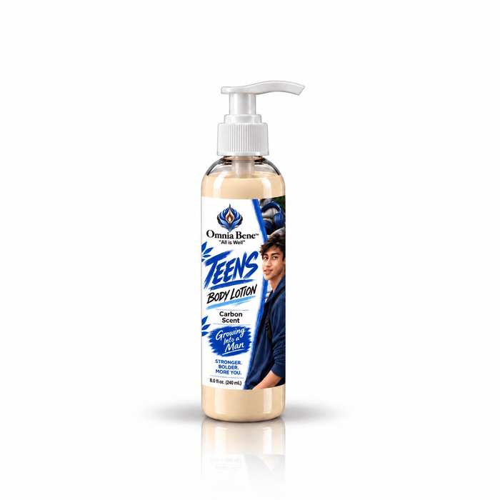 Clear bottle with lotion inside, Omnia Bene Teen Boys Body Lotion Carbon scent 8oz pump bottle on white and blue label on white background. Organic butters and botanical oils. For teen boys and young men. Scent is woodsy, citrusy and leather-like. Deep moisturizer used alone or after Teen boys Caron Body Oil.