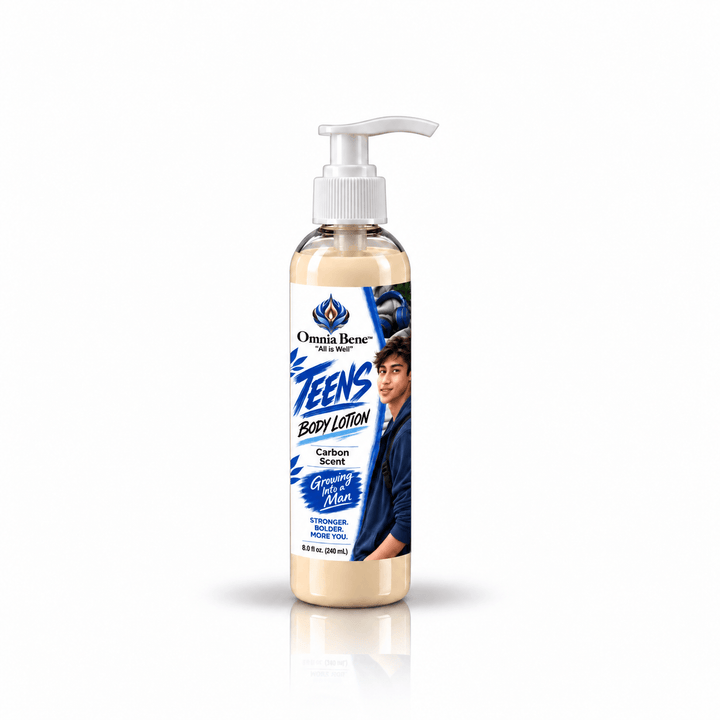Clear bottle with lotion inside, Omnia Bene Teen Boys Body Lotion Carbon scent 8oz pump bottle on white and blue label on white background. Organic butters and botanical oils. For teen boys and young men. Scent is woodsy, citrusy and leather-like. Deep moisturizer used alone or after Teen boys Caron Body Oil.
