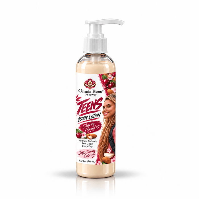 Omnia Bene Teens Body Lotion in Cherry Almond, an 8 fl oz pump bottle for soft, glowing skin. An 8 fl oz pump bottle of teen body lotion in Cherry Almond, with organic shea and mango butters, jojoba and vitamin E. For teen girls and young women. The scent is sweet cherry over warm almond. Use alone, or after the Cherry-Almond Body Oil.