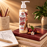 Omnia Bene Cherry Almond Teens Body Lotion on a desk with books, a goals notebook, cherries and almonds.