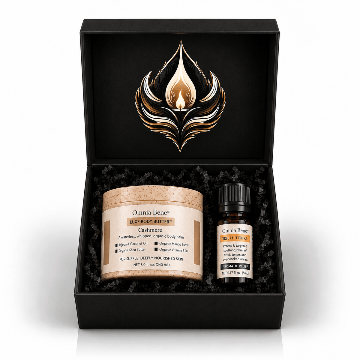 The Omnia Bene Two Step Relief Kit: LUXE Body Butter and Direct Hit EXTRA drops in a black gift box. The Two Step Relief Kit in a black gift box - LUXE Body Butter with Direct Hit EXTRA aromatic drops. For muscle tension and recovery: blend the drops into the butter and massage in.