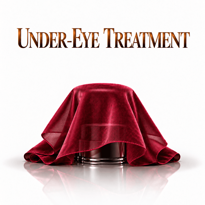 Omnia Bene Under-Eye Treatment, shown draped in red velvet ahead of launch. Part of the Puccian facial line, arriving soon. For fine lines and dryness in the thin skin under the eye.