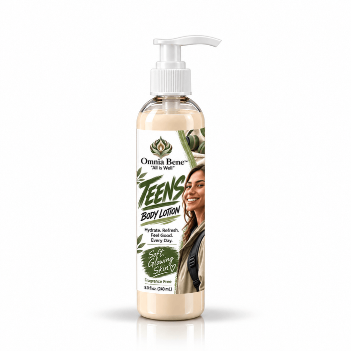 Omnia Bene Teens Body Lotion, fragrance free, an 8 fl oz pump bottle for sensitive skin. An 8 fl oz pump bottle of teen body lotion, fragrance free, with organic shea and mango butters and jojoba. For teens and young adults with sensitive or reactive skin, and for anyone who wants no scent at all.