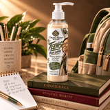 Omnia Bene Fragrance-Free Young Woman's Body Lotion on books beside a backpack and a notes pad.