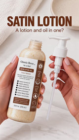 Satin Lotion Oil Bottle in different position, brown and white label on white backgrounds with different text on each video slide and woman talking about product as the video plays.