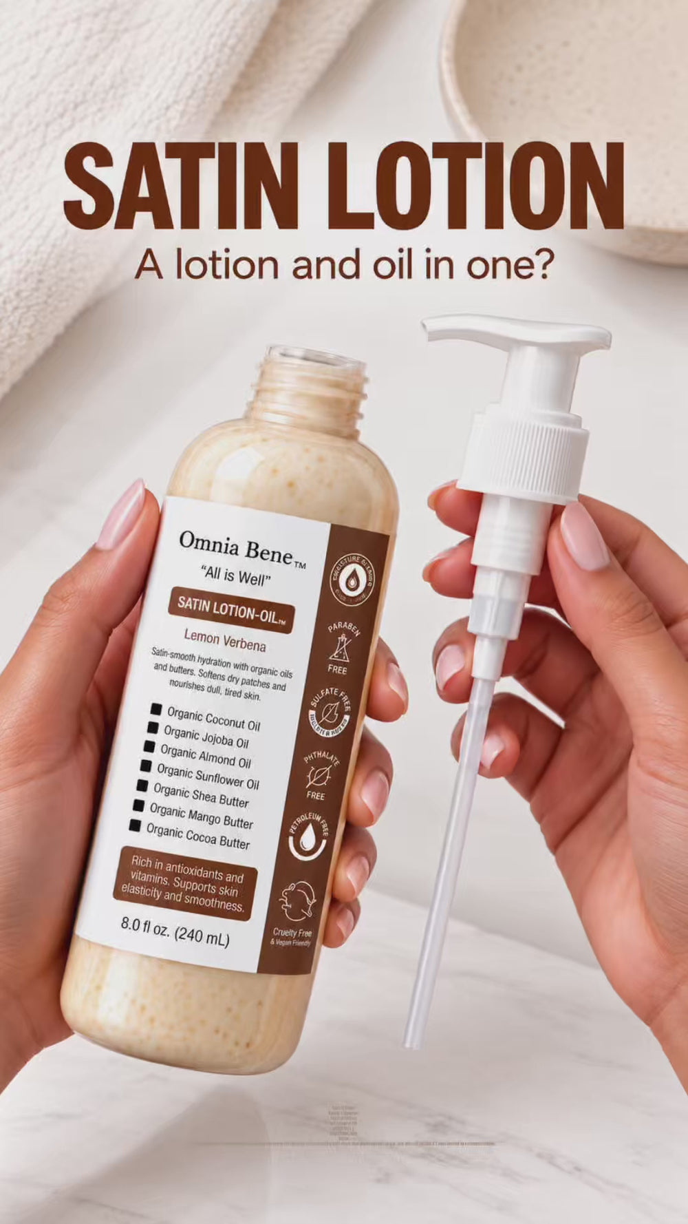 Satin Lotion Oil Bottle in different position, brown and white label on white backgrounds with different text on each video slide and woman talking about product as the video plays.